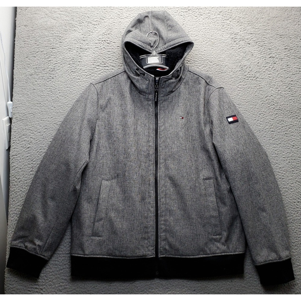 Tommy Hilfiger Jacket Men XL Gray Sherpa Lined Water Resistant Hooded Zip-Up EUC